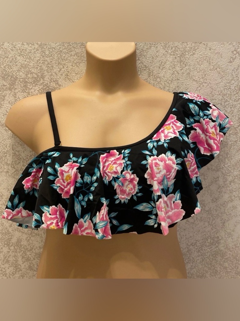 Time and Tru Black One-Shoulder Ruffle Bikini Top with Pink Floral